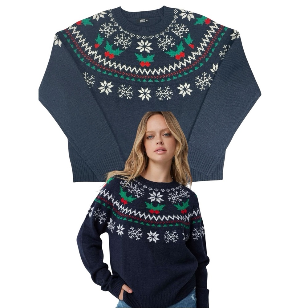 Ardene Womens Fair Aisle Christmas Knit Sweater Navy Holly Snowflakes Size Large